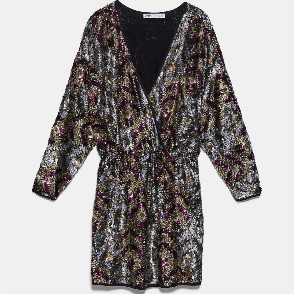 Zara long sleeve wrap dress with sequins NWT